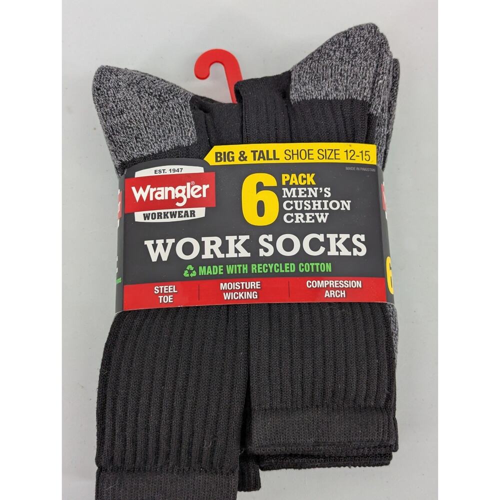 Wrangler Mens Cushion Crew Big Tall Size 12-15 Black Work Sock 6 Pair